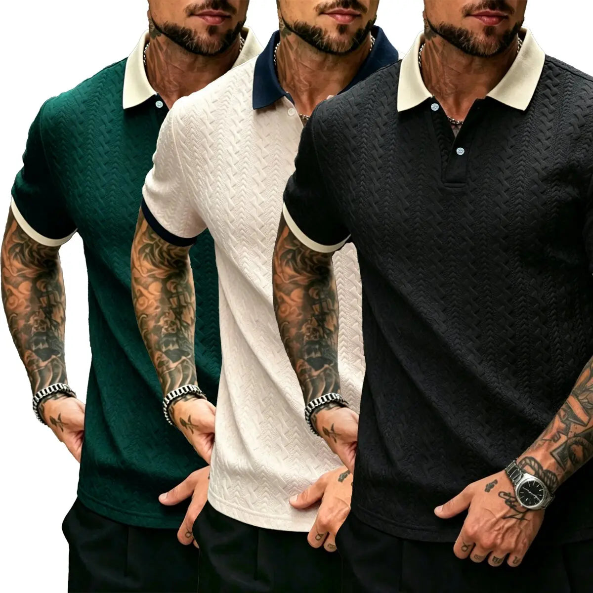 CasualCool Men's Old Money Contrast Knit Short-Sleeve Polo Shirt (Cream)