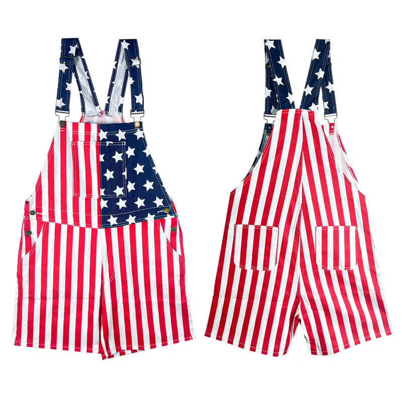 American Flag Overalls for Men and Women, Unisex Bib Pants with Soft Stretch Fabric, Breathable Summer Streetwear Outfit for Independence Day, Memorial Day, National Holiday Festivals, Parades, Parties and Casual Vacation Wear
