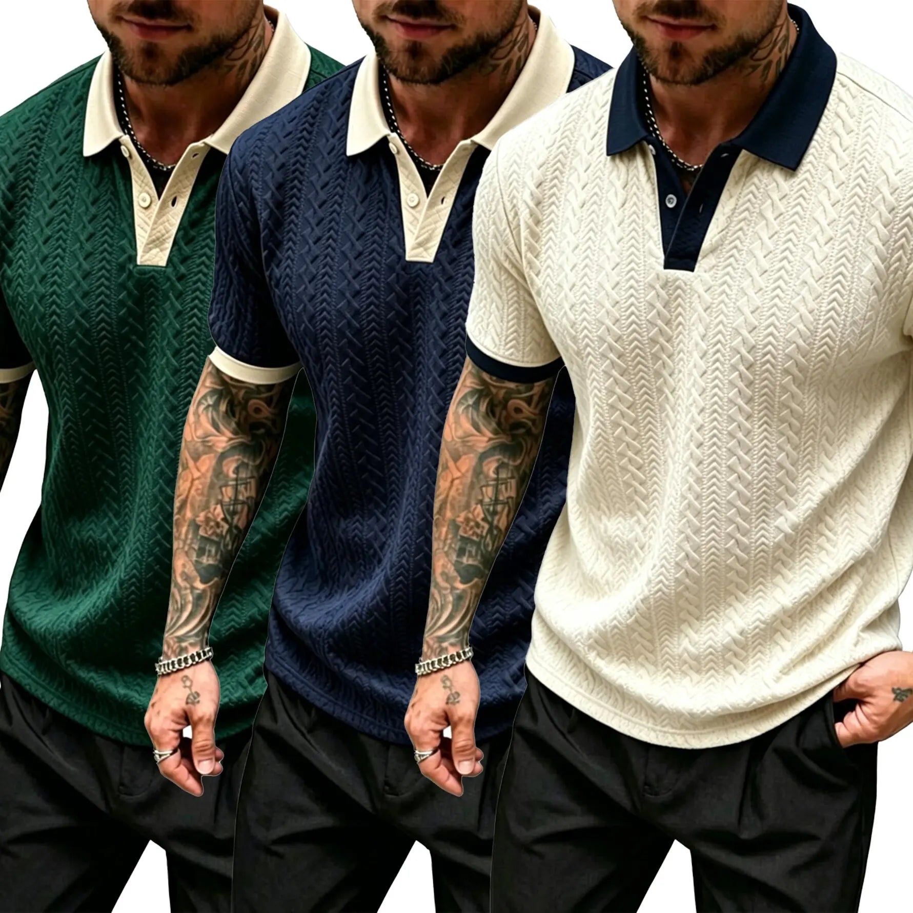 CasualCool Men's Old Money Contrast Knit Short-Sleeve Polo Shirt (Cream)