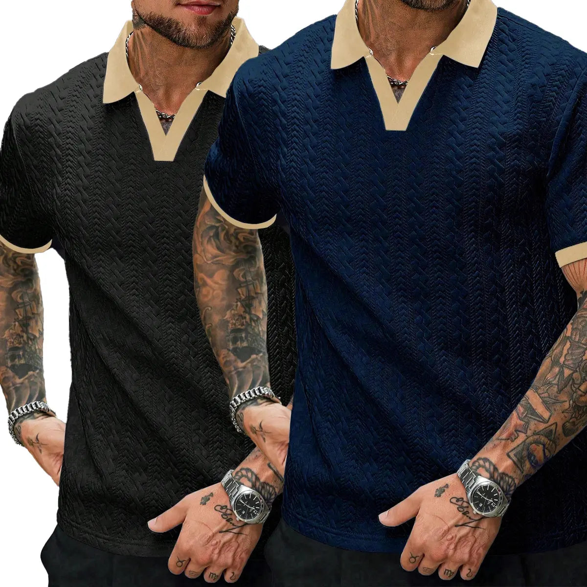 CasualCool Men's Old Money Contrast Knit Short-Sleeve Polo Shirt (Cream)