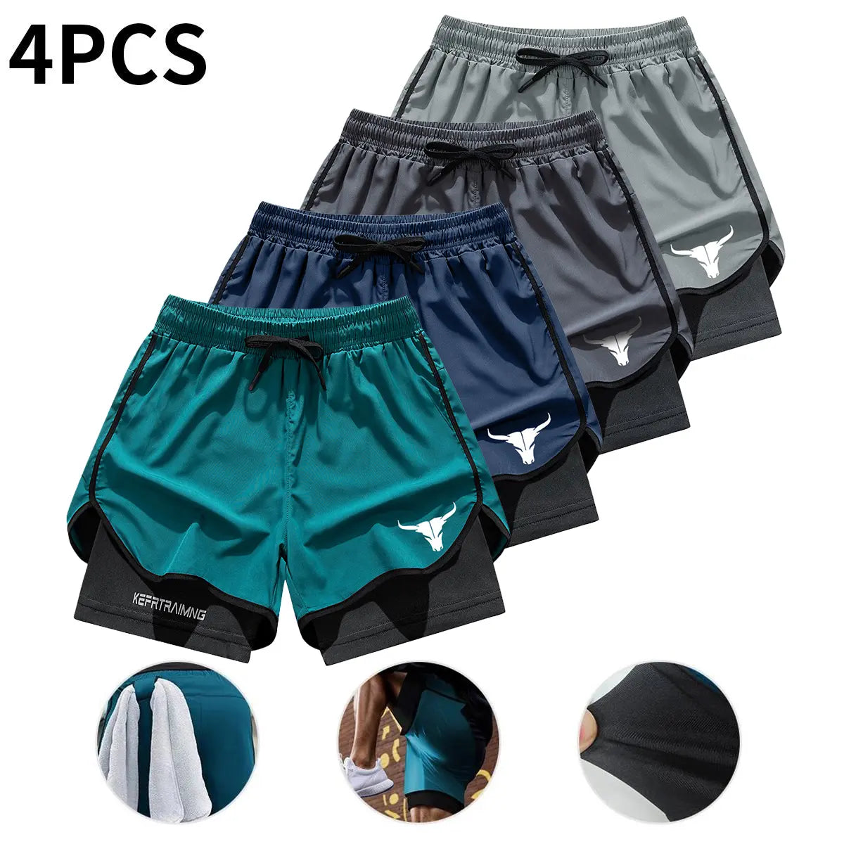 4-Pack Men's 2-in-1 Double-Layer Gym Shorts with Pockets