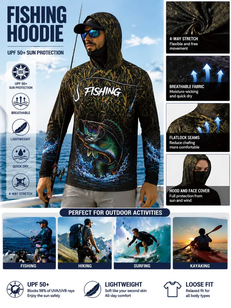 Men's Long Sleeve Hooded Fishing Shirt with Face Mask, Gradient Color Outdoor Fishing Clothing