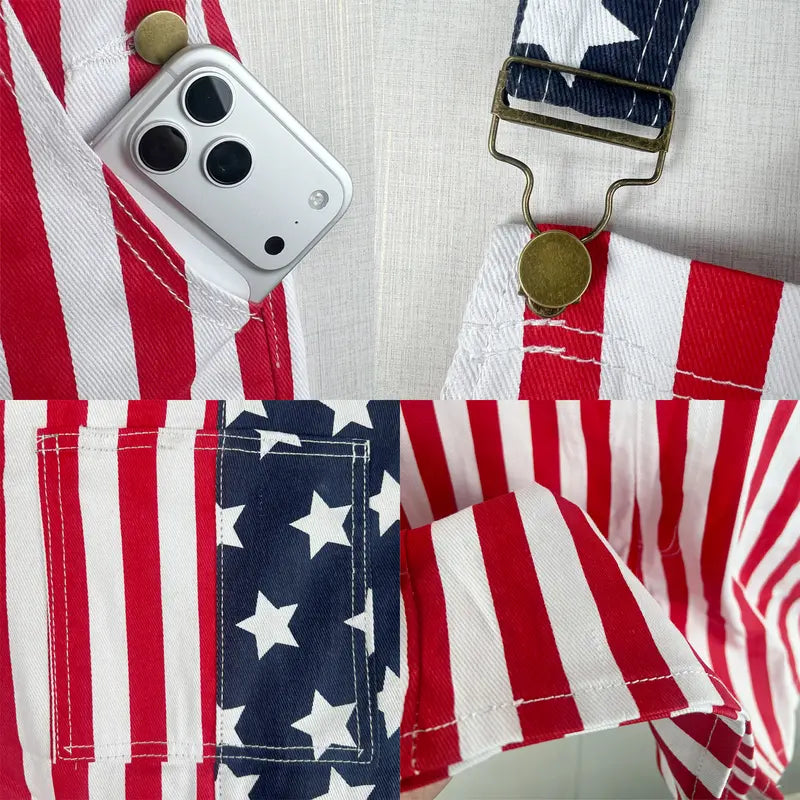 American Flag Overalls for Men and Women, Unisex Bib Pants with Soft Stretch Fabric, Breathable Summer Streetwear Outfit for Independence Day, Memorial Day, National Holiday Festivals, Parades, Parties and Casual Vacation Wear