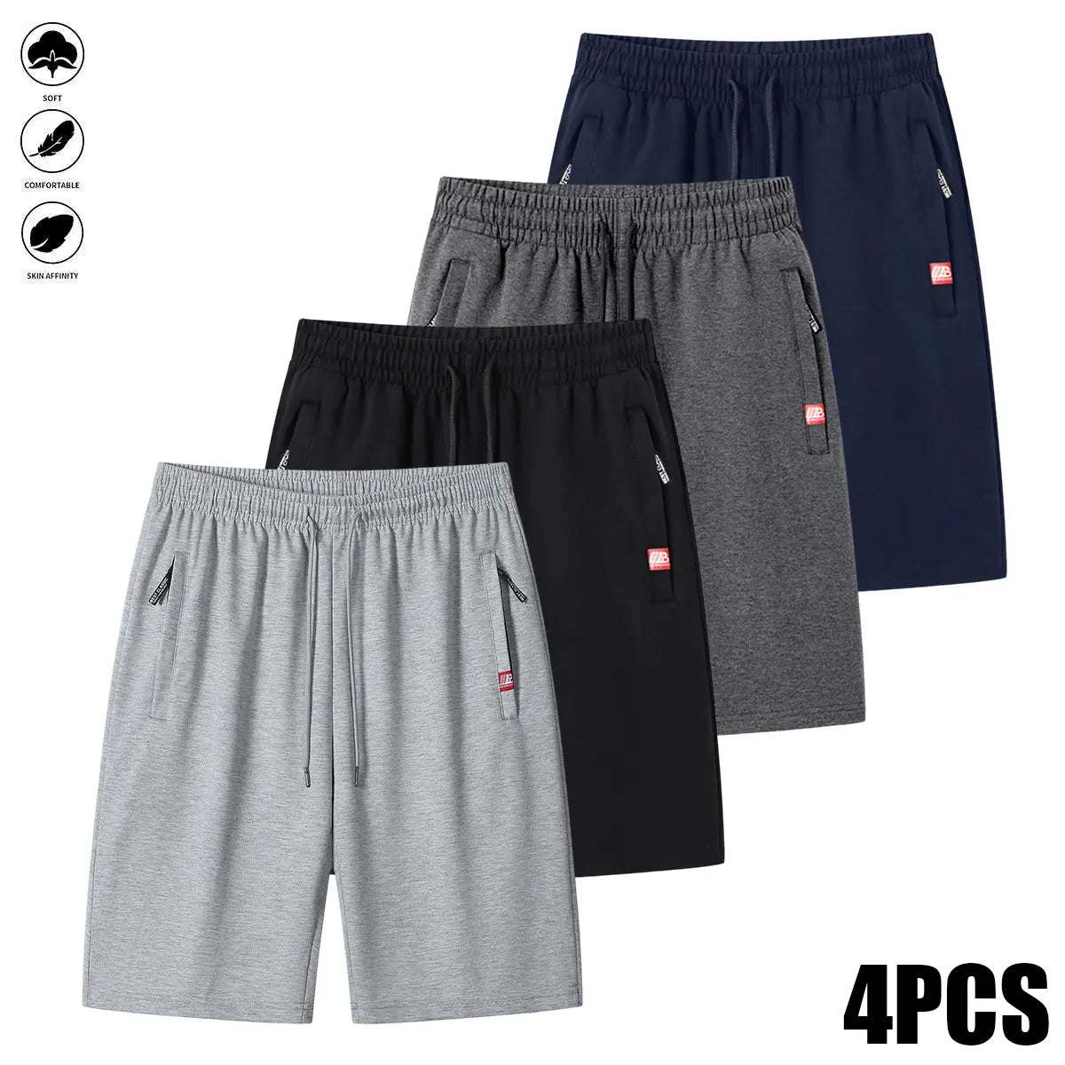 4-Piece Men's Summer Breathable Sports Shorts with Zipper Pockets