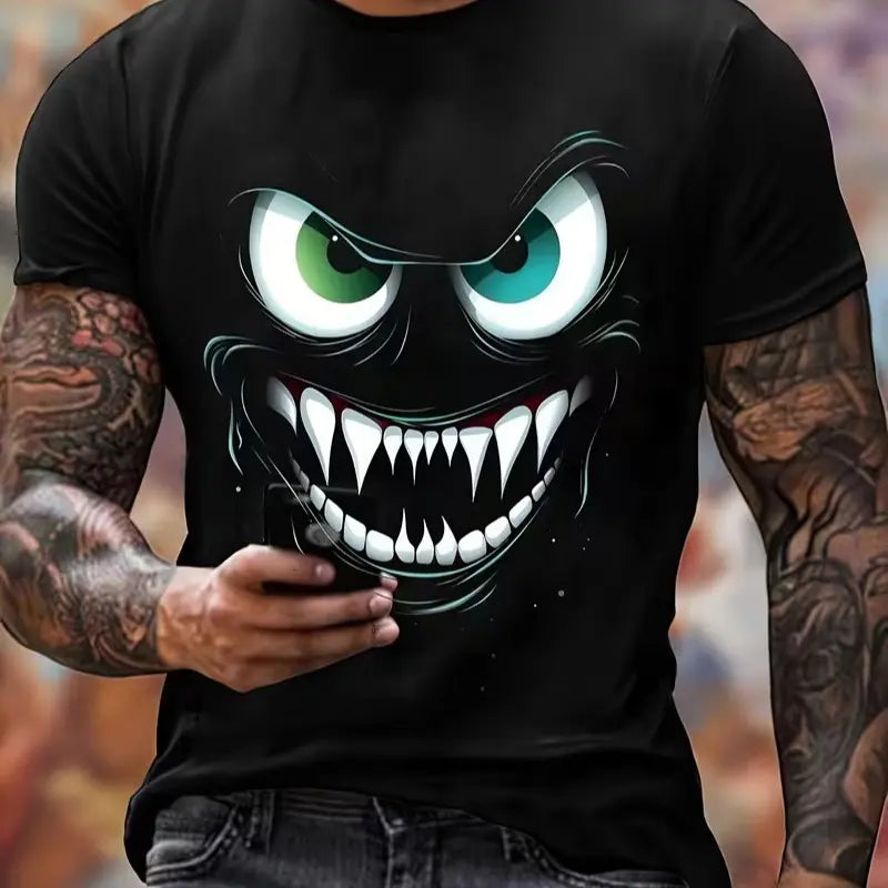 Men's Monster Print T-shirt, Casual Short Sleeve Crew Neck Tee, Men's Clothing For Outdoor 100% cotton