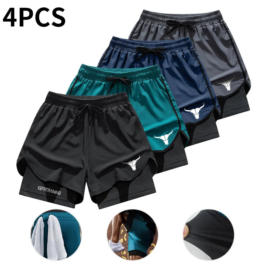 4-Pack Men's 2-in-1 Double-Layer Gym Shorts with Pockets