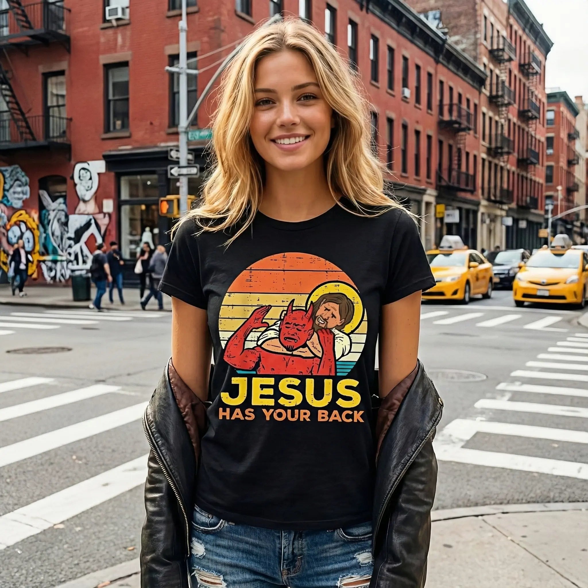 Cotton Jesus Has Your Back Jiu Jitsu Retro Christian Men Women Kids T-Shirt
