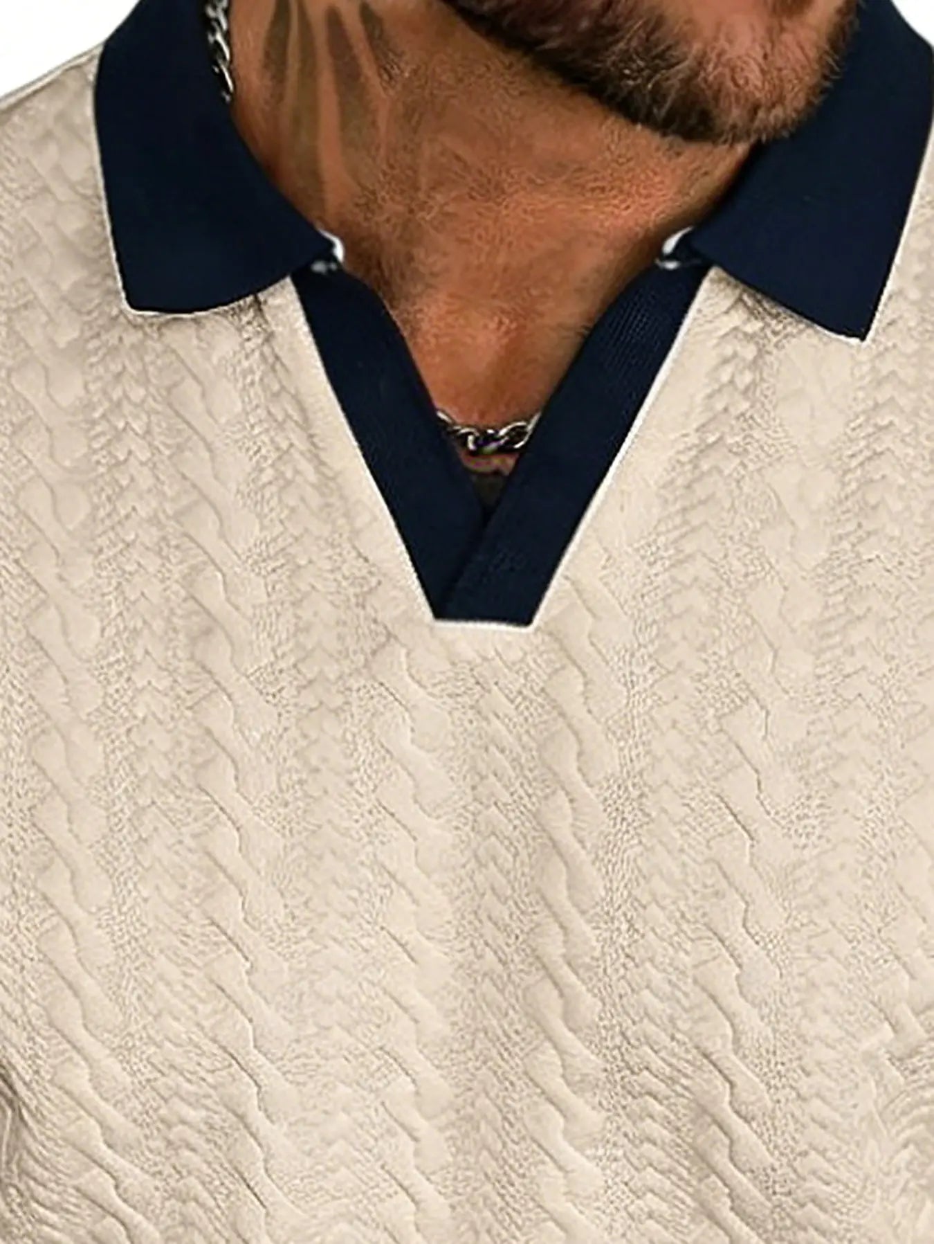 CasualCool Men's Old Money Contrast Knit Short-Sleeve Polo Shirt (Cream)