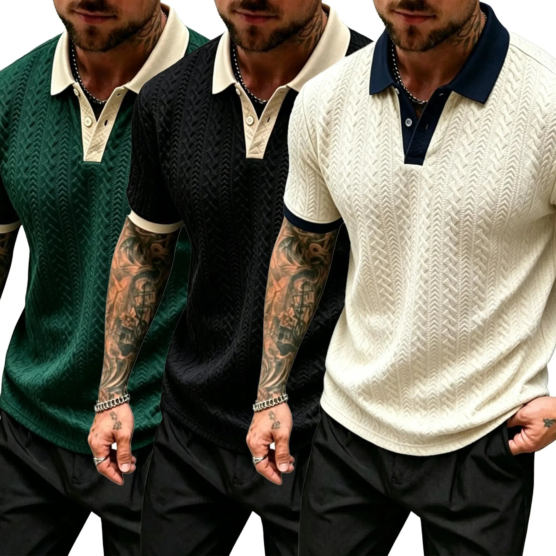 CasualCool Men's Old Money Contrast Knit Short-Sleeve Polo Shirt (Cream)