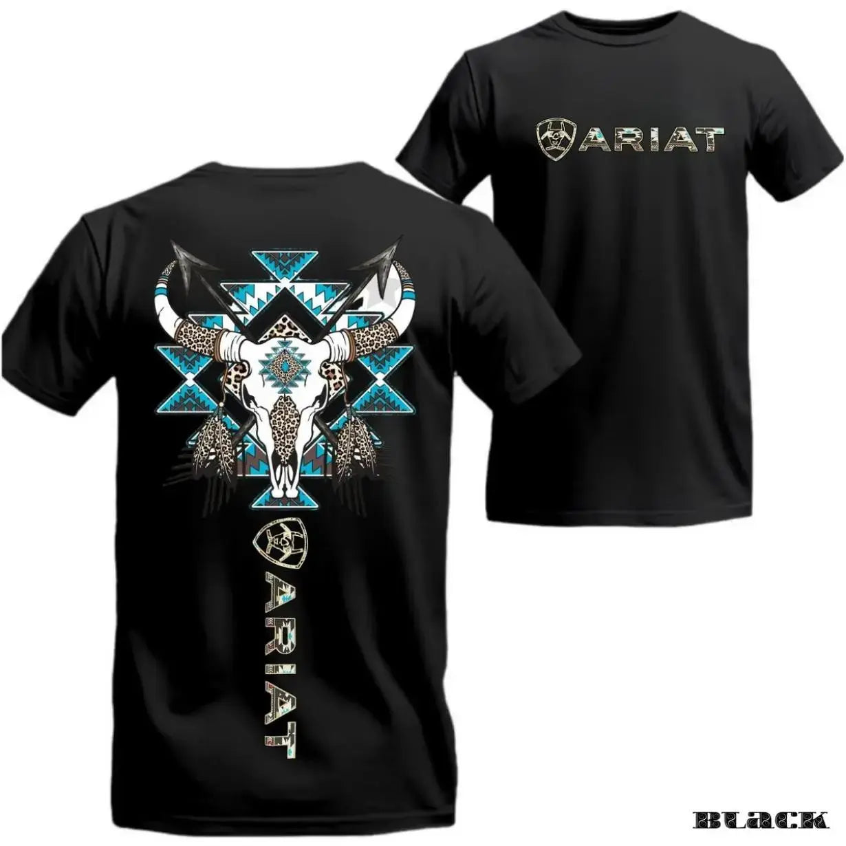 Ariat Tribal Skull T-Shirt – Western Bull Skull & Feathers Graphic with Blue Aztec Patterns – Unisex Tee for Country Style &