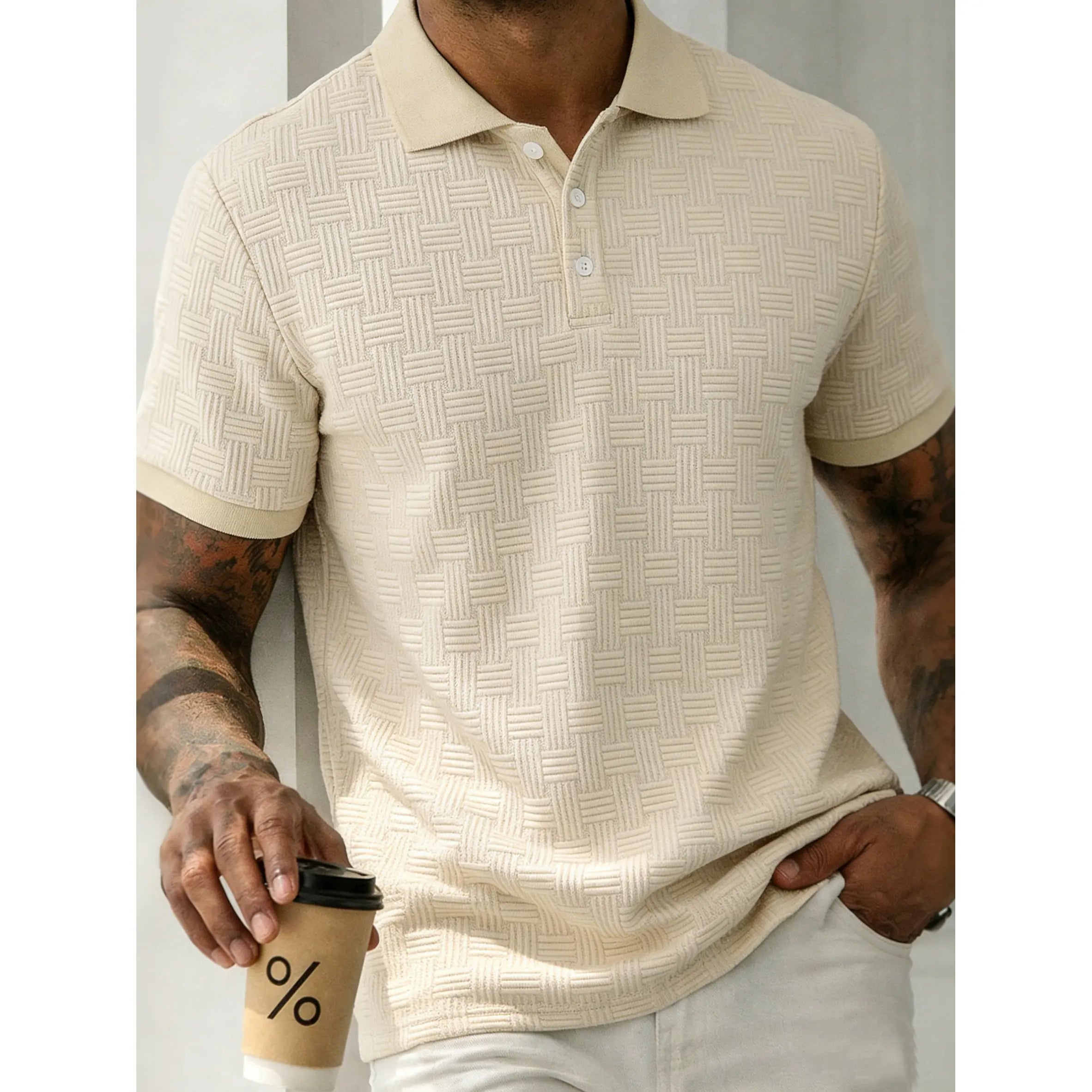 CasualCool Men's Old Money Contrast Knit Short-Sleeve Polo Shirt (Cream)