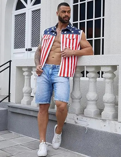 Yuanbang 4th of July Men’s American Flag Denim Vest USA 250th Birthday Independence Day Sleeveless Summer Casual Jacket Patriotic Style Outdoor Fashion Menswear Father's Festival Dad Gifts Guys Love Top Summer Wins