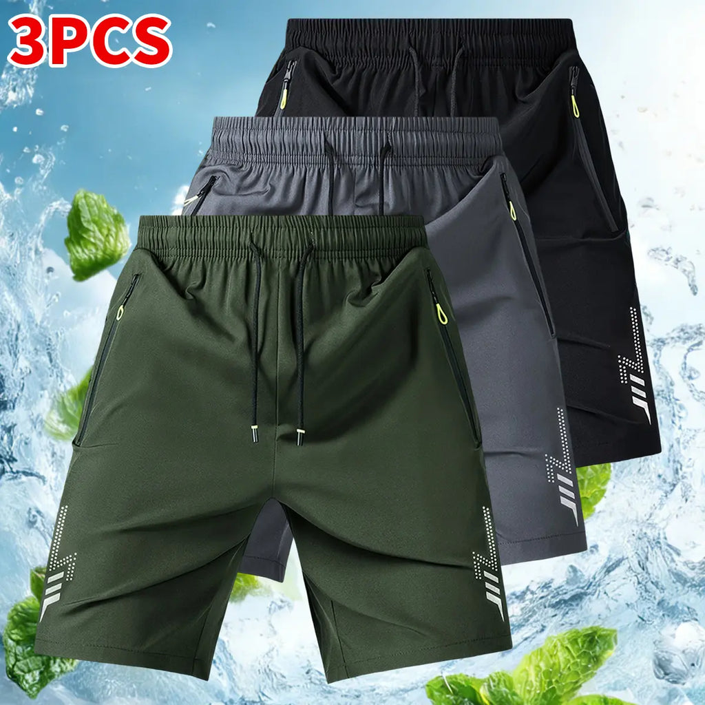 3-Pack Men's Athletic Shorts - Reflective Geometric Prints, Zipper Pockets