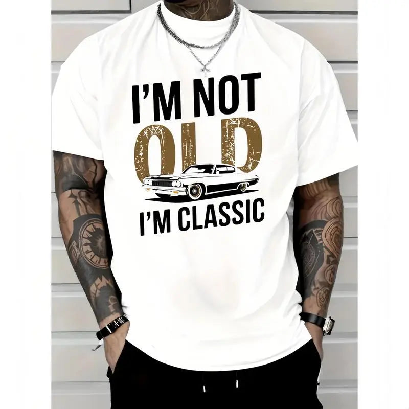 100% Cotton Men'S "I'M Not Old, I Am Classic" Pattern T-Shirt-Soft Cotton, Casual Crew Neck, Short Sleeve, Vintage Car Print-Suitable For Casual Wear Golf Gift T-Shirt For Men And Women