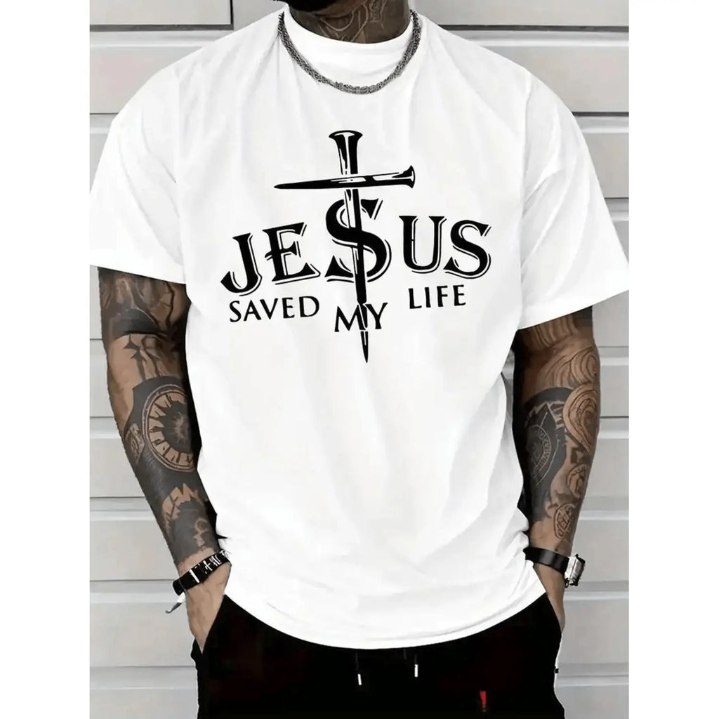 [100% Cotton] mens saved my life graphic t shirt 100 cotton relaxed fit casual short sleeve tee with cross print round neck machine washable for casual attire Top Sublimation