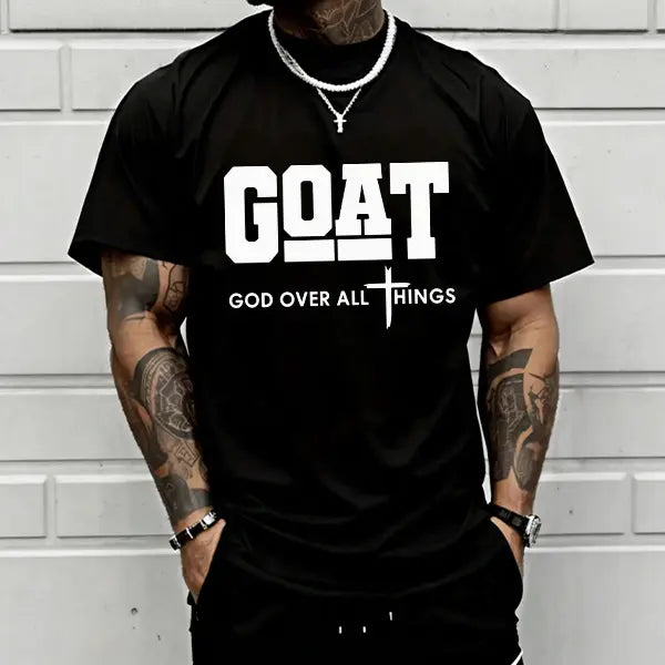 GOAT (“God Over All”) graphic T-shirt for men, 100% pure cotton, loose street-style short sleeves—trendy Christian casual top, best-selling faith urban fashion style., Shortsleeve, Menswear, Tshirt, Round Neck tiktokshopspringglowup