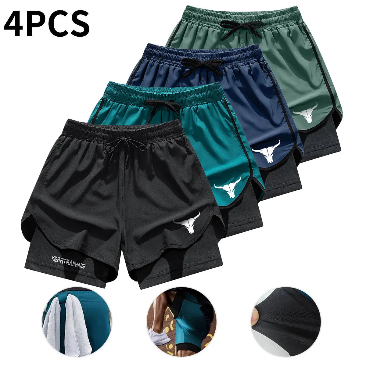 4-Pack Men's 2-in-1 Double-Layer Gym Shorts with Pockets