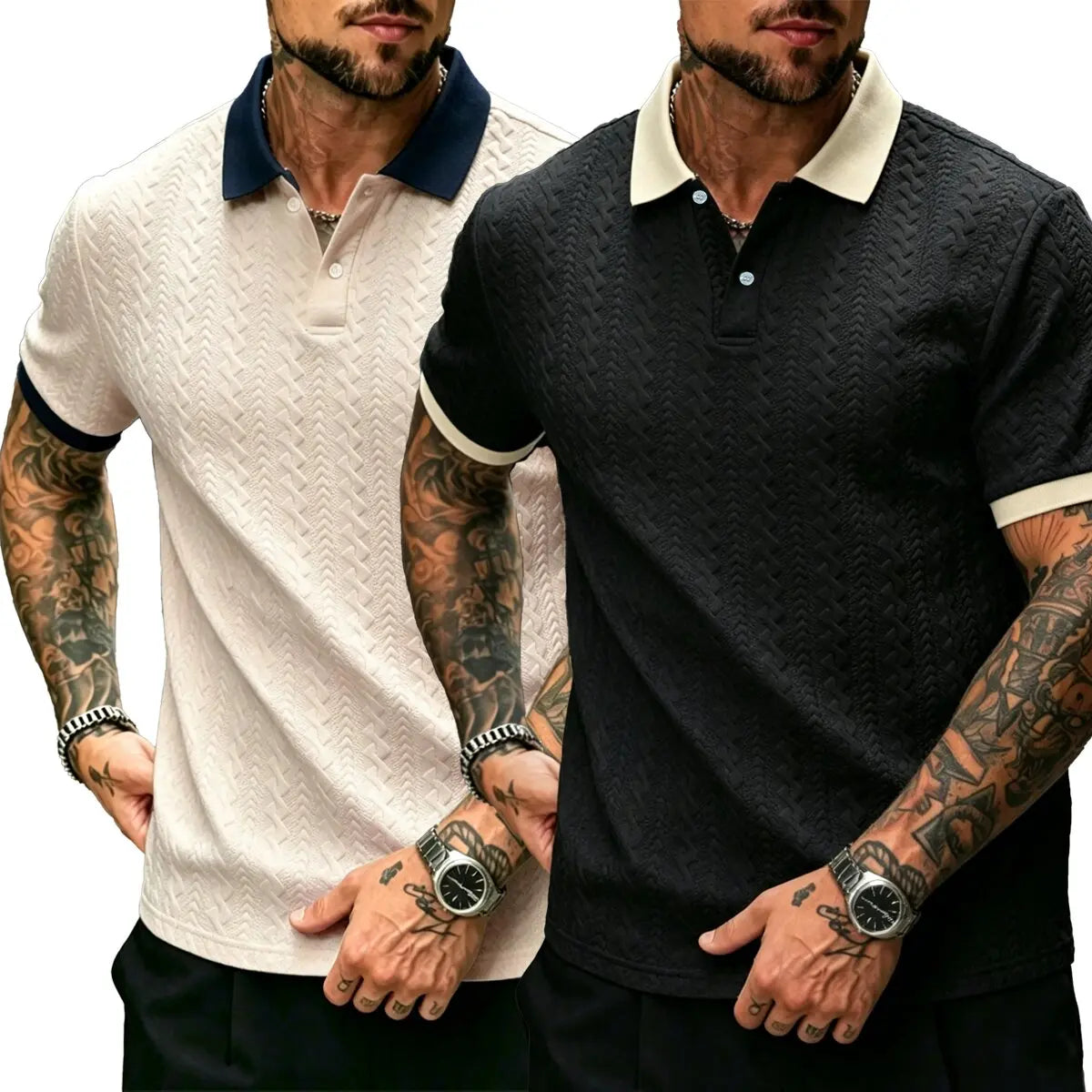 CasualCool Men's Old Money Contrast Knit Short-Sleeve Polo Shirt (Cream)