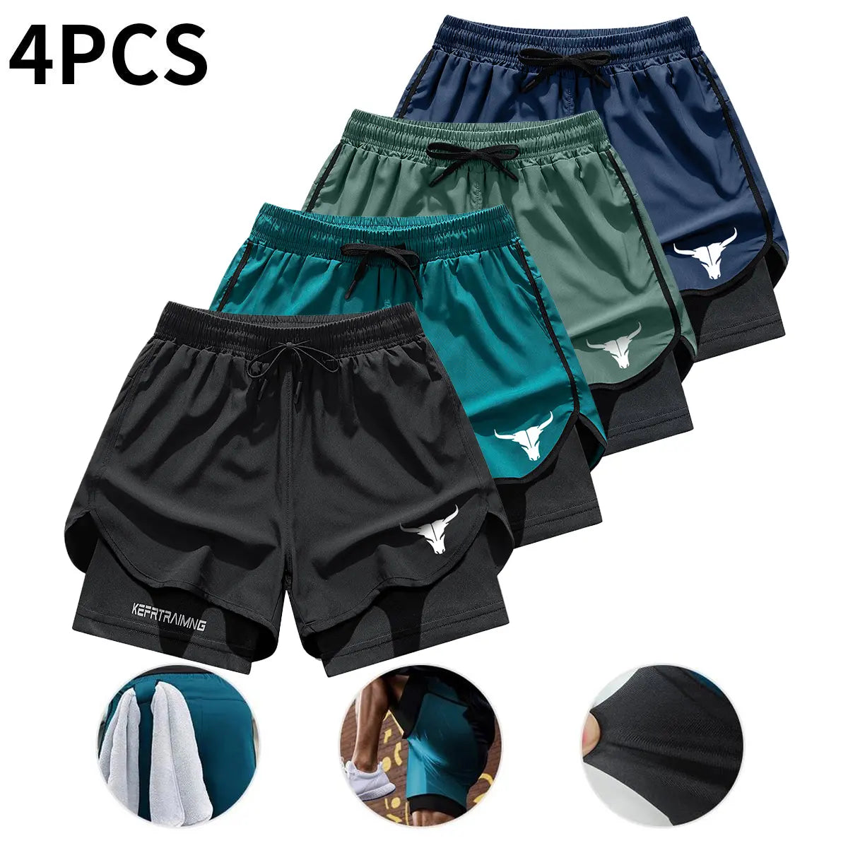 4-Pack Men's 2-in-1 Double-Layer Gym Shorts with Pockets