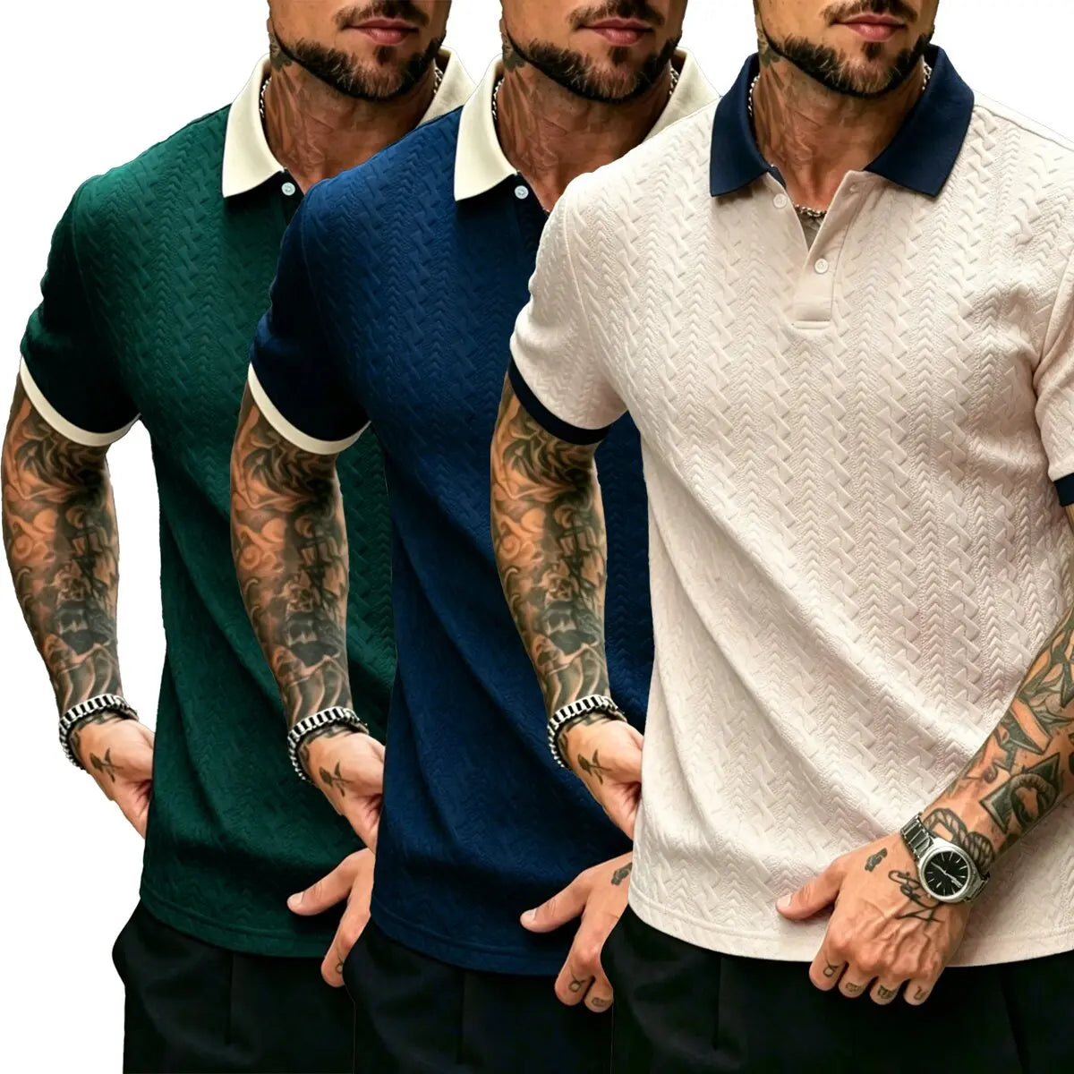 CasualCool Men's Old Money Contrast Knit Short-Sleeve Polo Shirt (Cream)