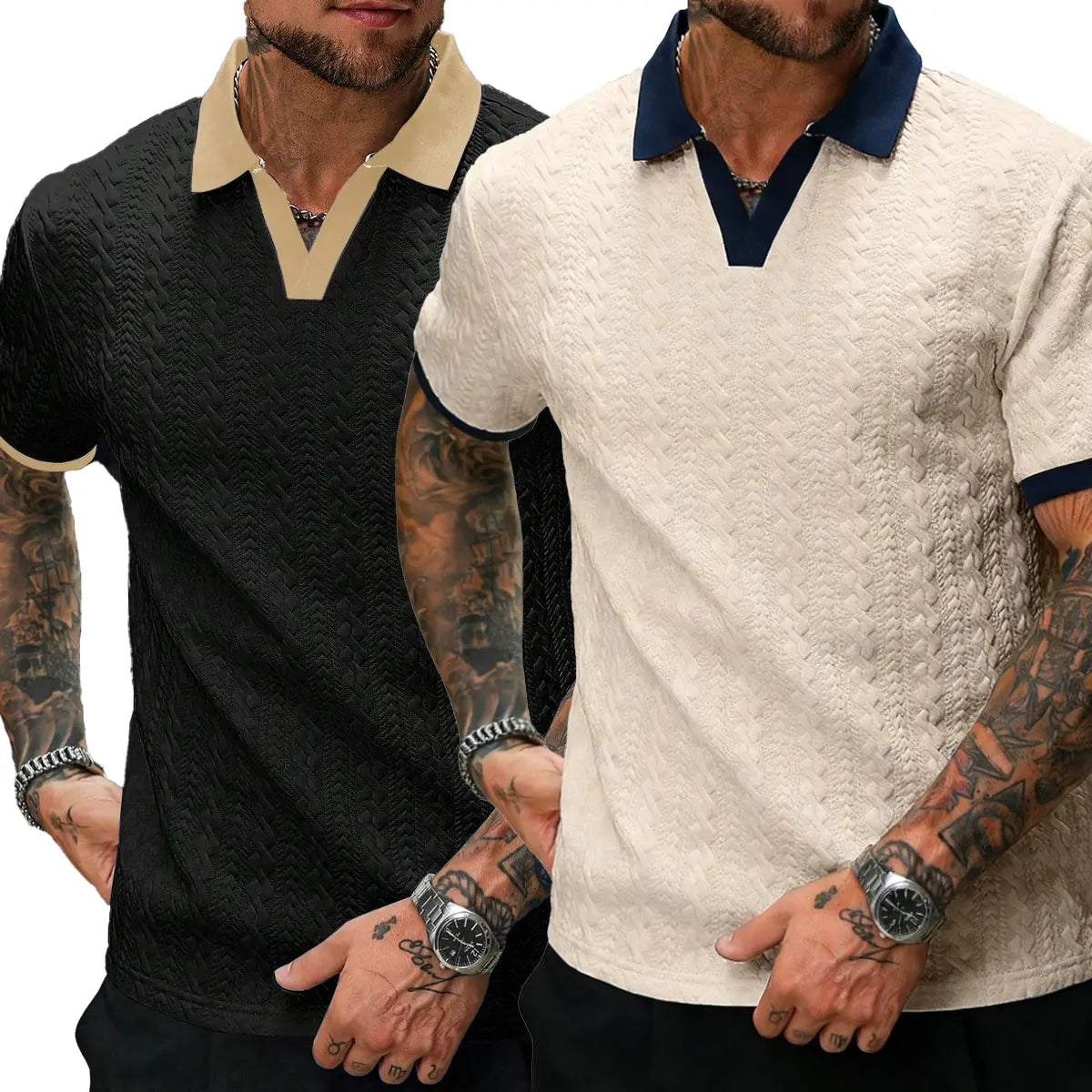 CasualCool Men's Old Money Contrast Knit Short-Sleeve Polo Shirt (Cream)