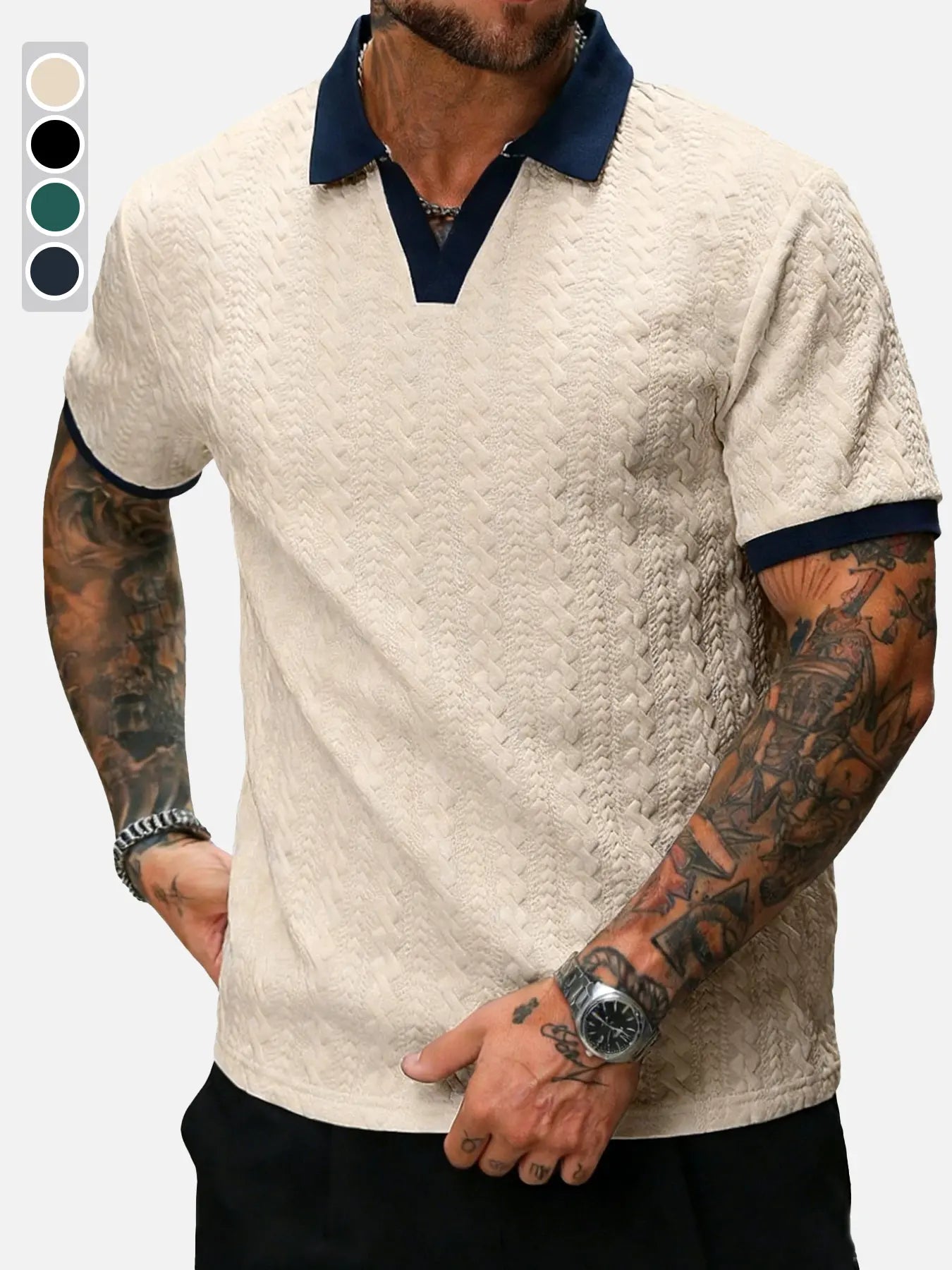 CasualCool Men's Old Money Contrast Knit Short-Sleeve Polo Shirt (Cream)