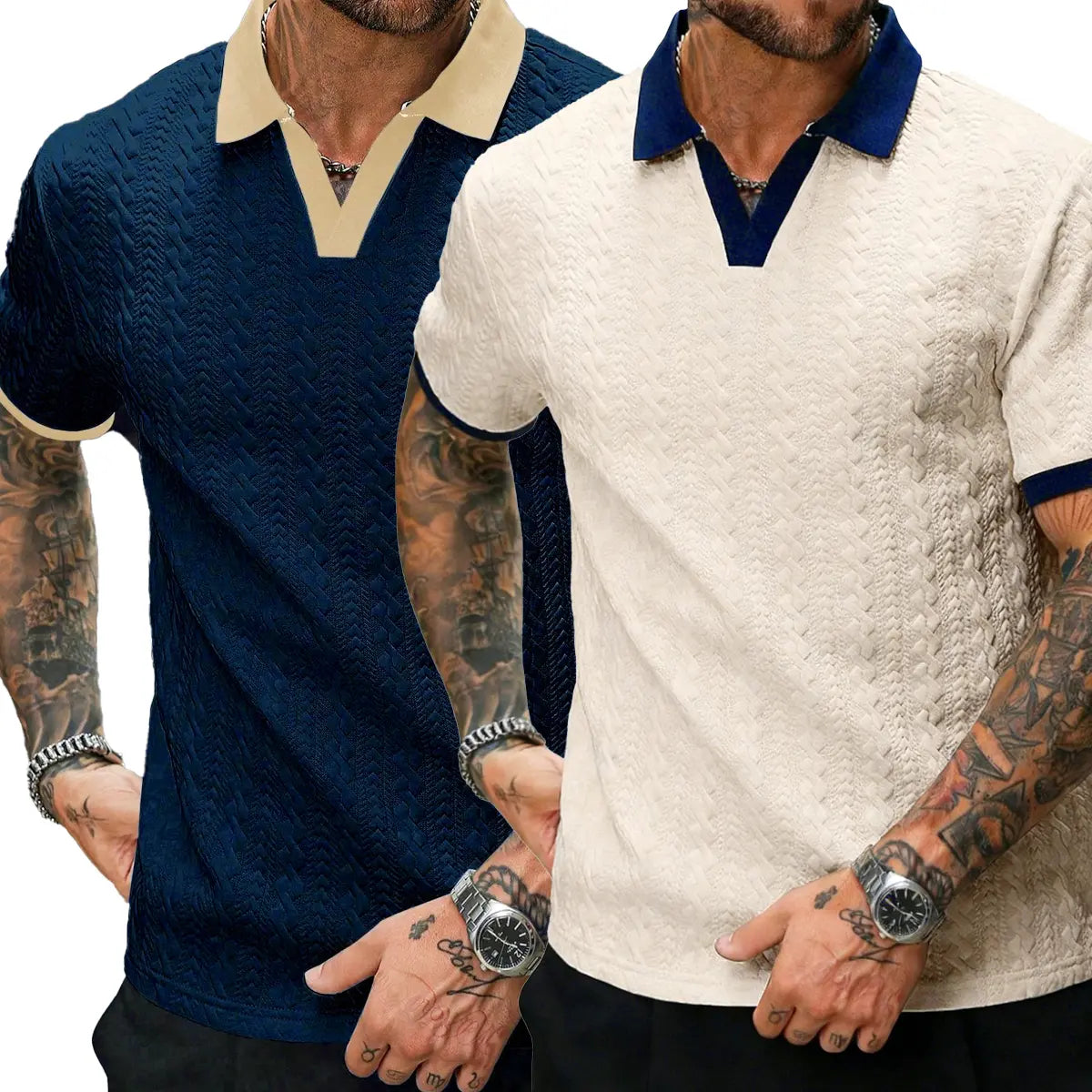 CasualCool Men's Old Money Contrast Knit Short-Sleeve Polo Shirt (Cream)