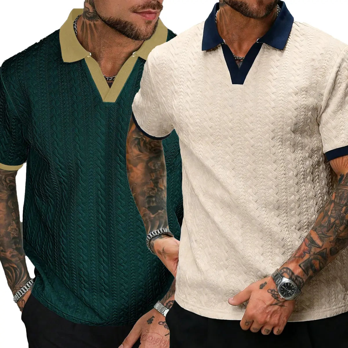 CasualCool Men's Old Money Contrast Knit Short-Sleeve Polo Shirt (Cream)