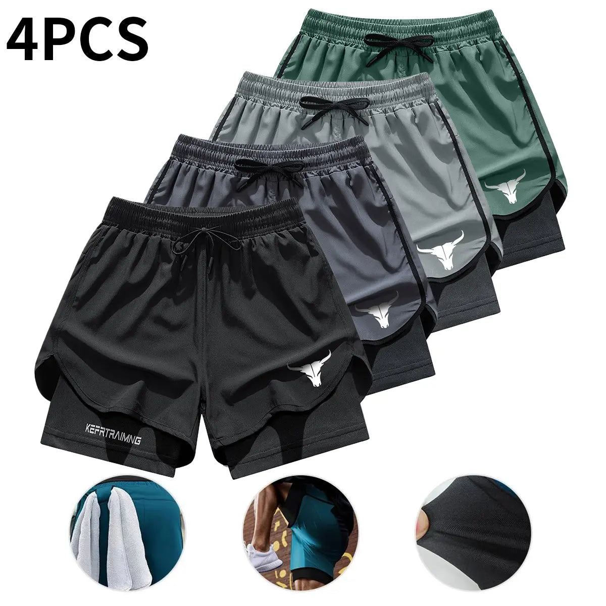 4-Pack Men's 2-in-1 Double-Layer Gym Shorts with Pockets