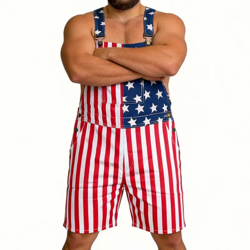 American Flag Overalls for Men and Women, Unisex Bib Pants with Soft Stretch Fabric, Breathable Summer Streetwear Outfit for Independence Day, Memorial Day, National Holiday Festivals, Parades, Parties and Casual Vacation Wear