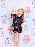 2-piece children's full body kpop cartoon character colorful star pattern printed short sleeved shorts with soft and comfortable collar design, small pocket elastic waistband, home daily casual children's clothing Sleepwear Collared Pajama Set