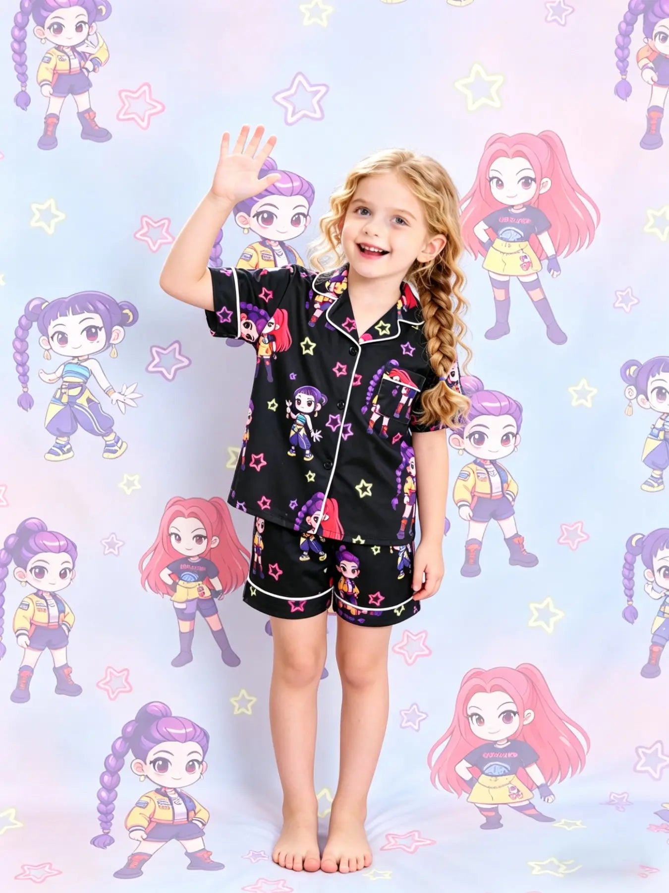 2-piece children's full body kpop cartoon character colorful star pattern printed short sleeved shorts with soft and comfortable collar design, small pocket elastic waistband, home daily casual children's clothing Sleepwear Collared Pajama Set