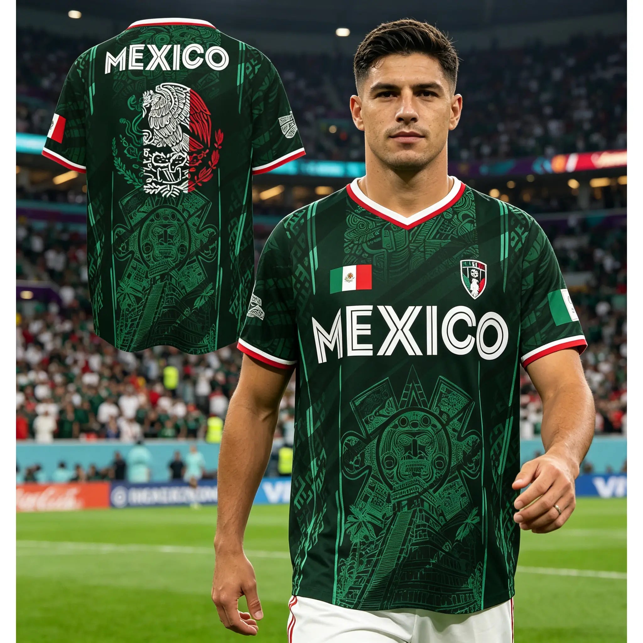 2026 Mexico Soccer Jersey,  Chichén Itzá Pyramid Graphic Retro Soccer Jersey, All over Print, Casual Style for All Seasons, Classic Throwback Jersey Sportswear Top