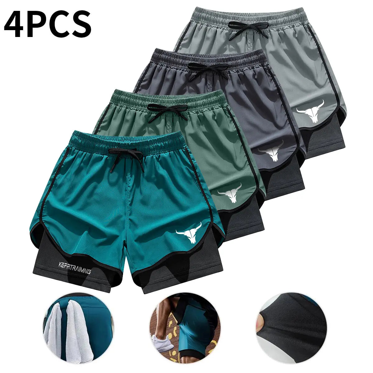 4-Pack Men's 2-in-1 Double-Layer Gym Shorts with Pockets