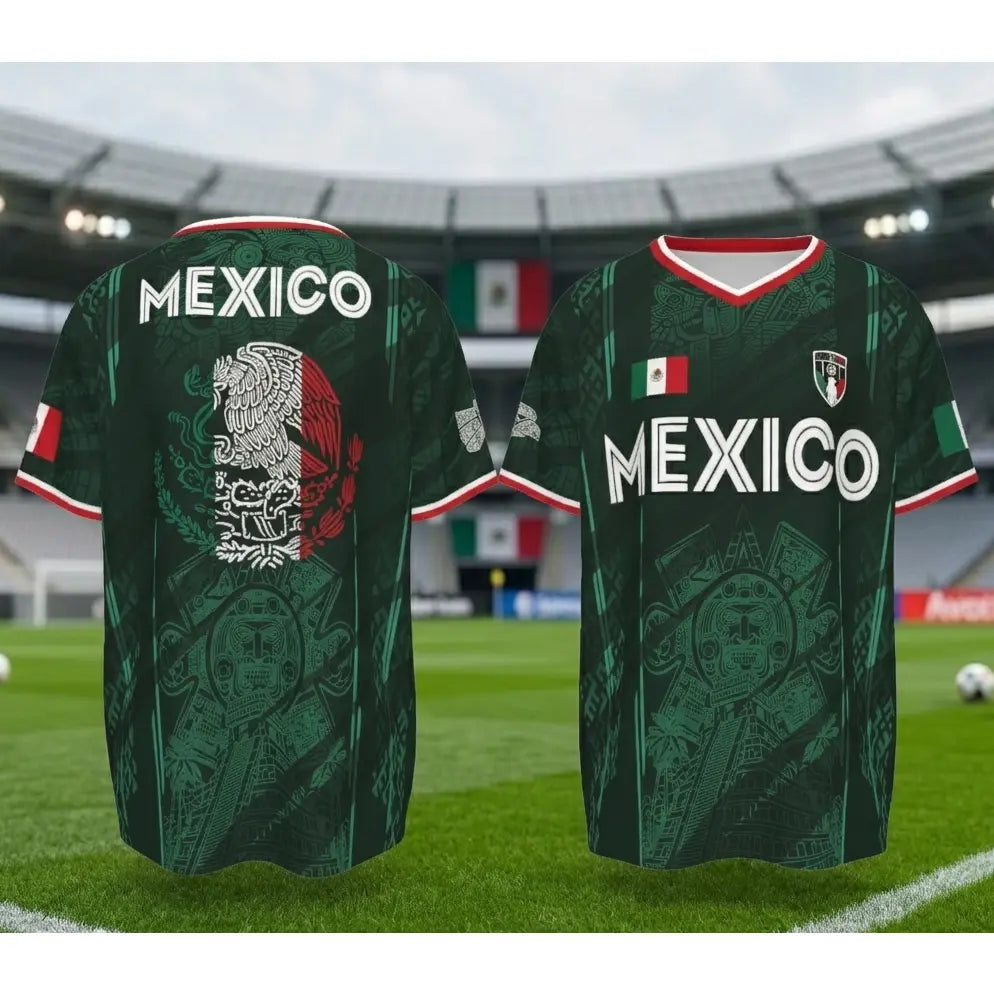2026 Mexico Soccer Jersey,  Chichén Itzá Pyramid Graphic Retro Soccer Jersey, All over Print, Casual Style for All Seasons, Classic Throwback Jersey Sportswear Top
