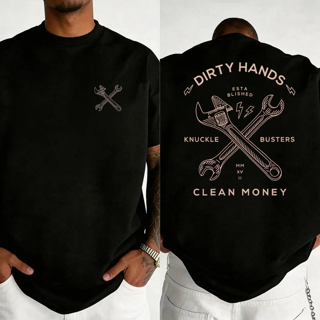 "Dirty Hands, Clean Money" wrench graphic t-shirt, workwear-style graphic print t-shirt, comfortable fabric short-sleeved top.
