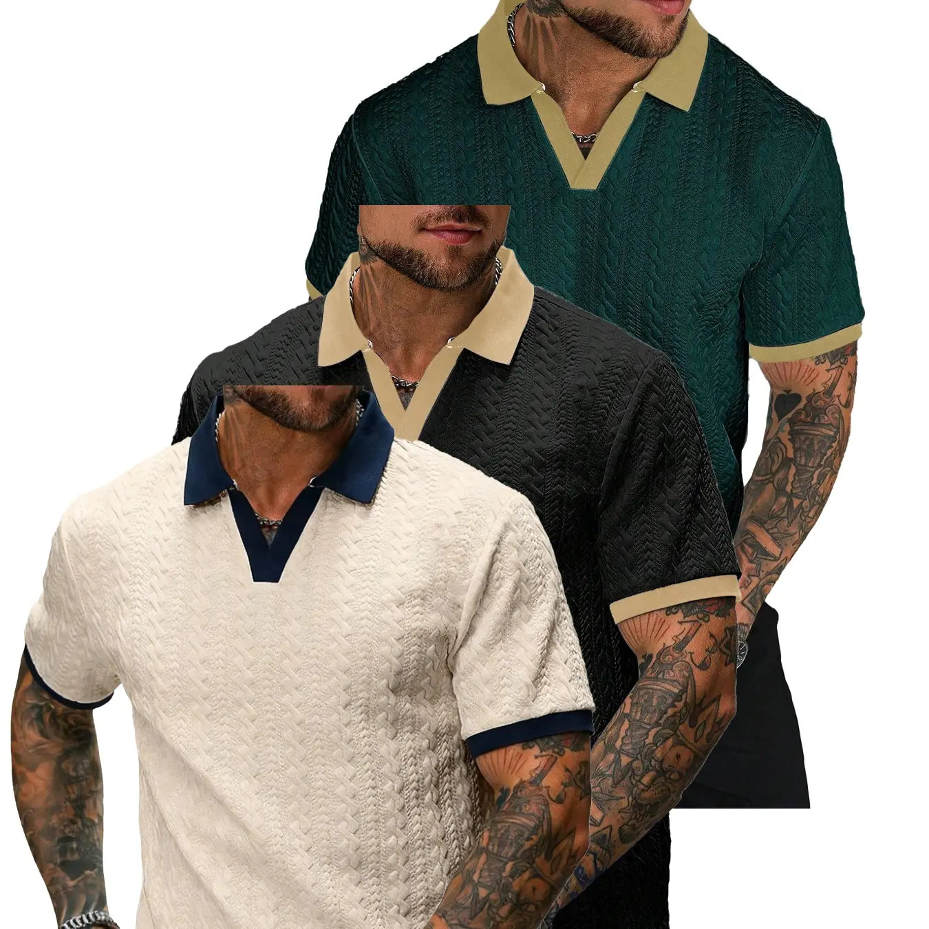 CasualCool Men's Old Money Contrast Knit Short-Sleeve Polo Shirt (Cream)