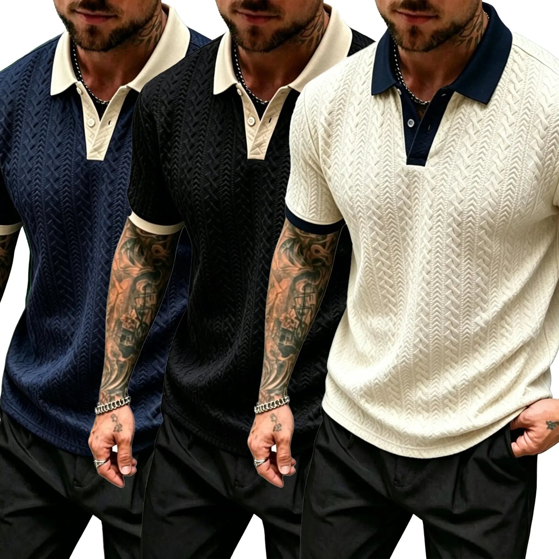 CasualCool Men's Old Money Contrast Knit Short-Sleeve Polo Shirt (Cream)
