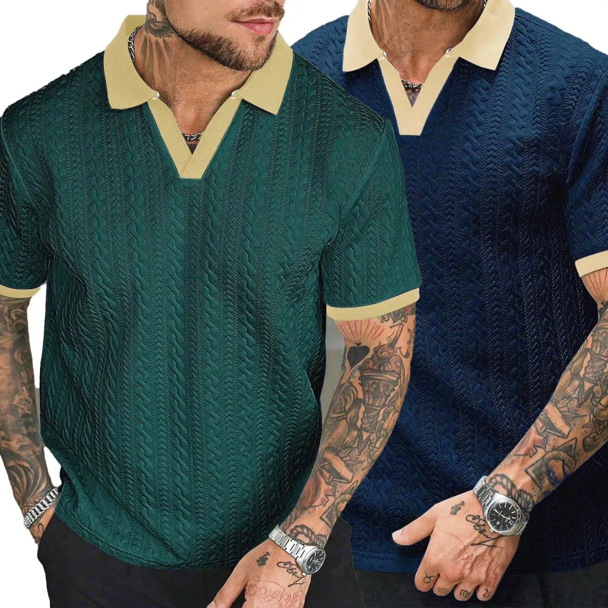 CasualCool Men's Old Money Contrast Knit Short-Sleeve Polo Shirt (Cream)
